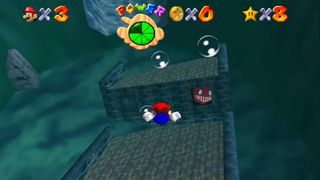 Super Mario 64: Jolly Roger Bay eel in sunken ship.