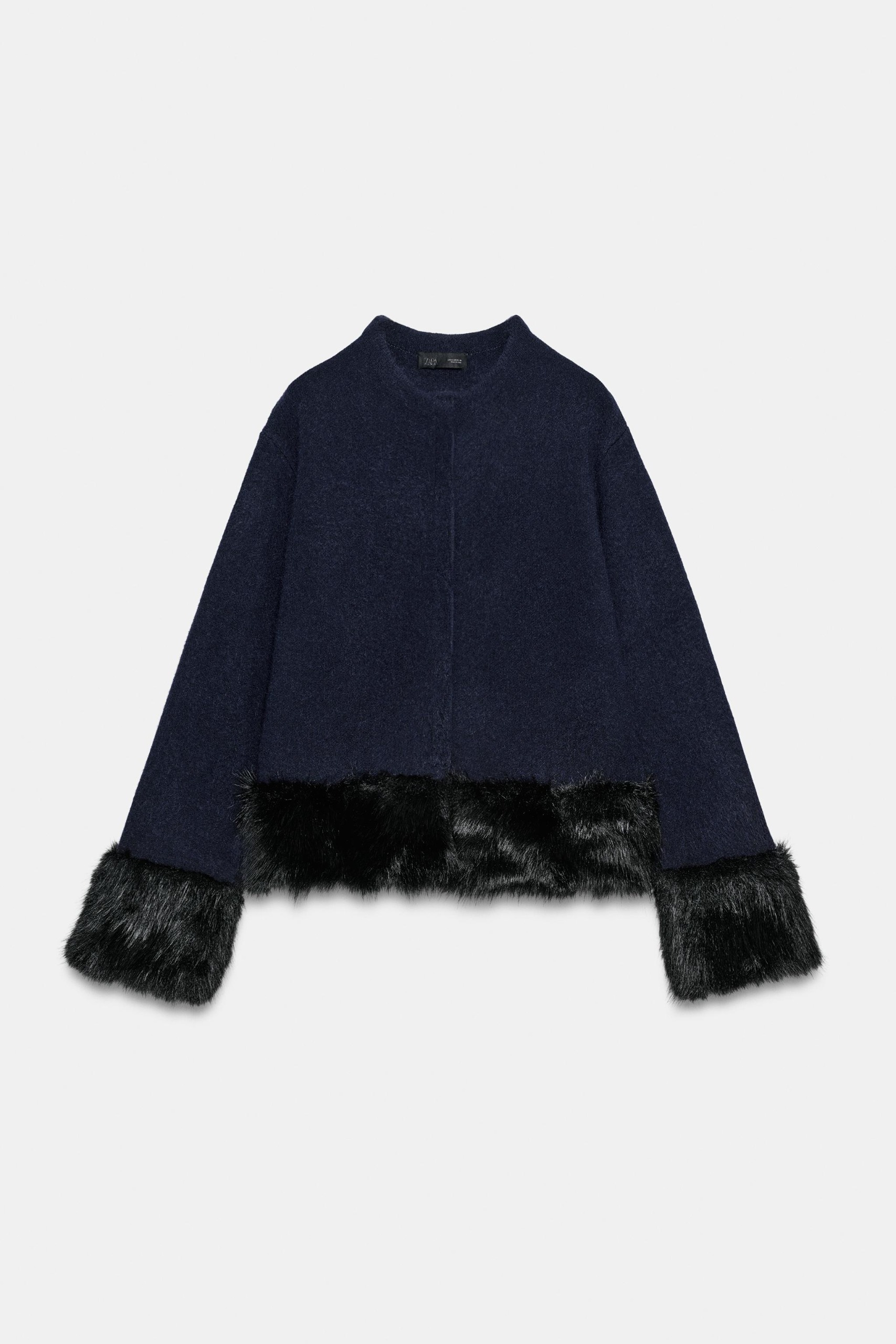 Faux Fur Detail Knit Jacket - Navy Blue - S