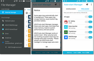 File Manager app (left), Asus Auto-start Manager utility (center, right)