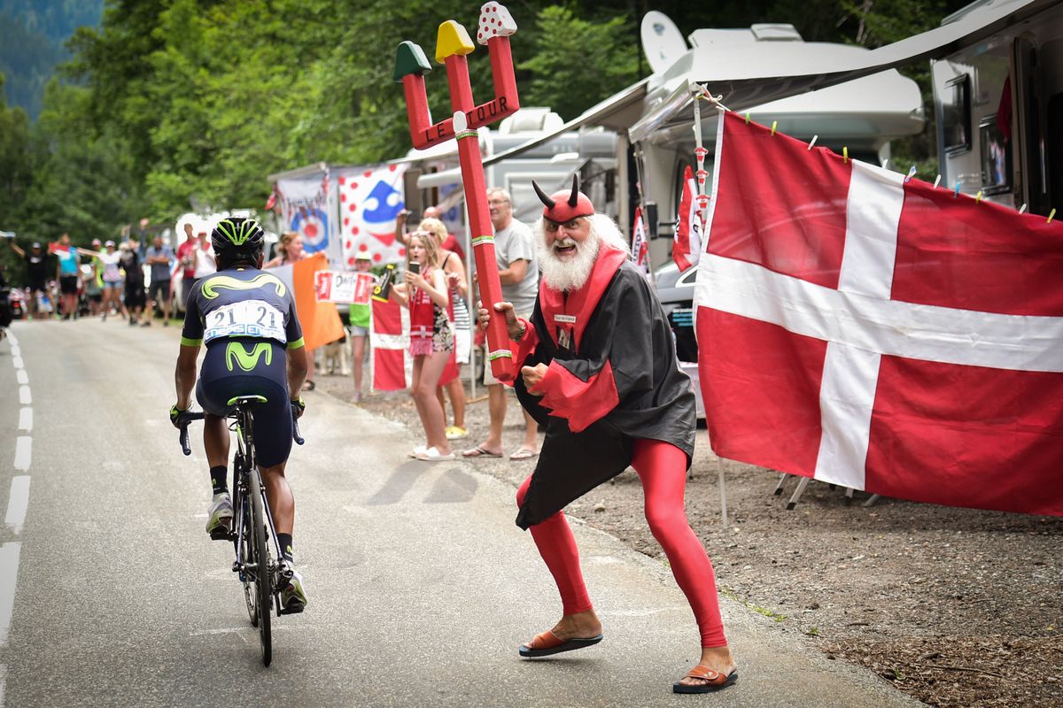 Didi the Devil cheering on Nairo Quintana on the road to Serre-Chevalier