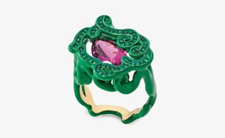 Rubellite, emerald, ceramic plate and lacquer ring set in 18-ct yellow gold