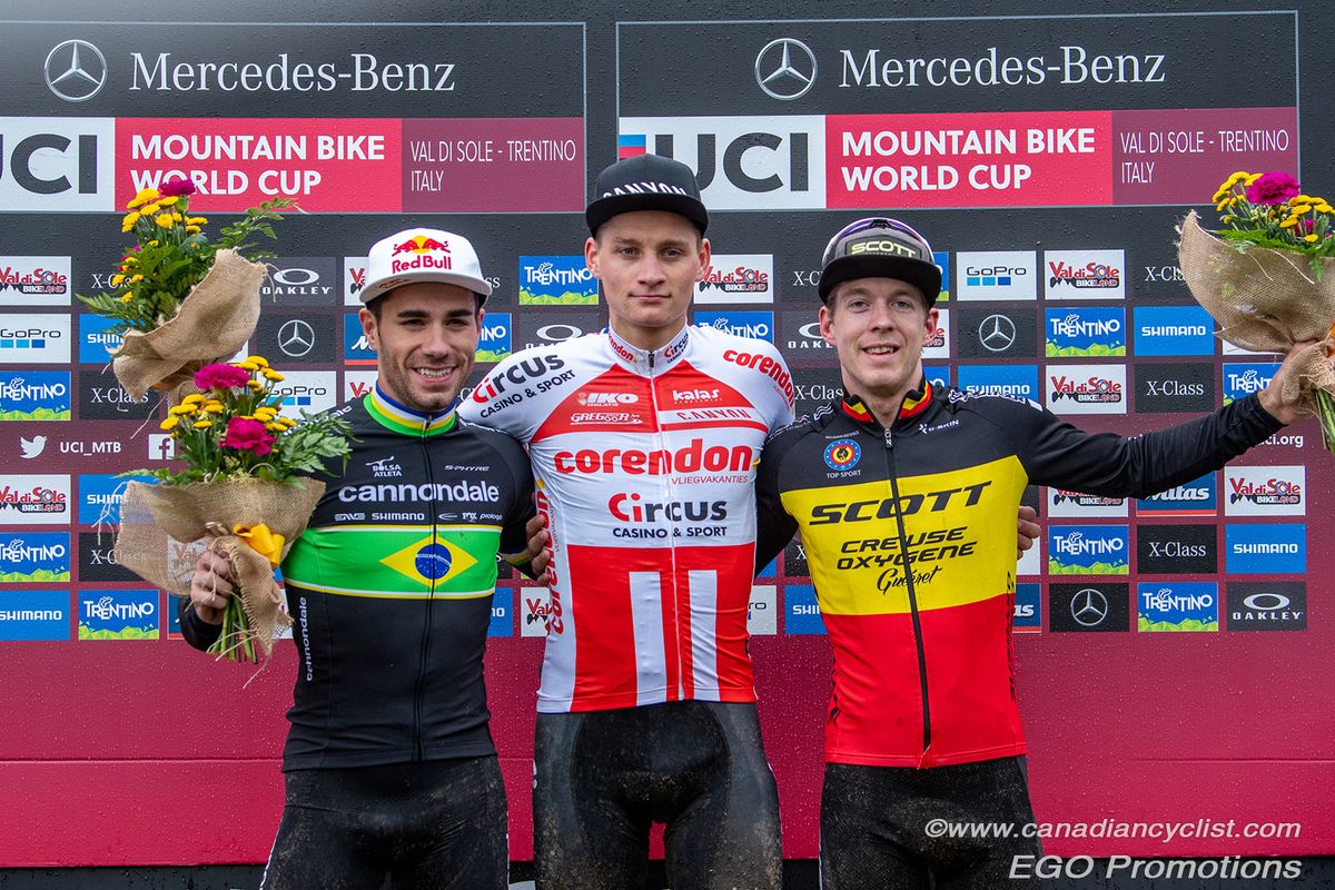 Henrique Avancini, Mathieu Van Der Poel, Jens Schuermans on the podium in Val di Sole.
