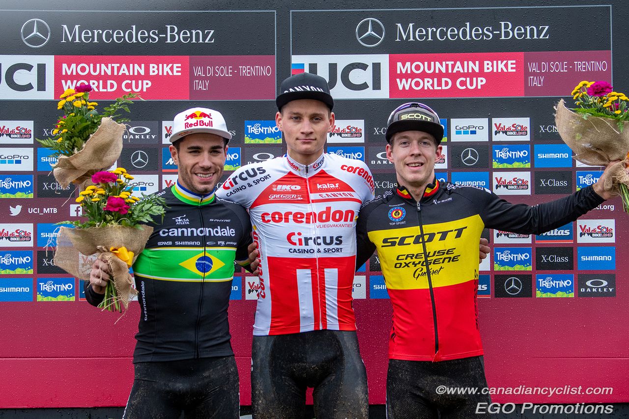 Henrique Avancini, Mathieu Van Der Poel, Jens Schuermans on the podium in Val di Sole.