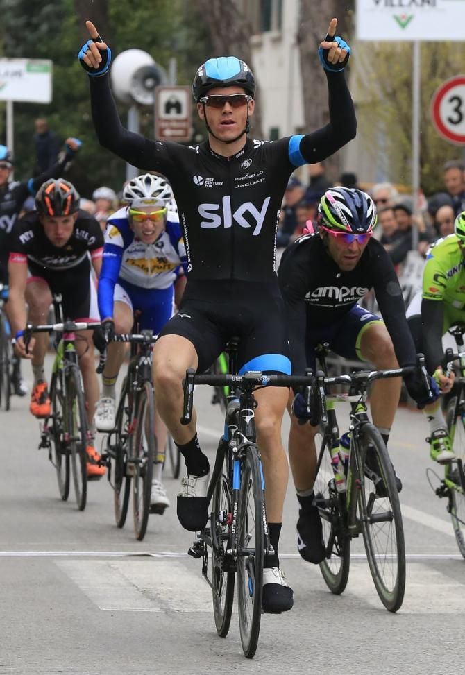 Ben Swift (Team Sky) wins the stage 1a sprint at the Coppi e Bartali