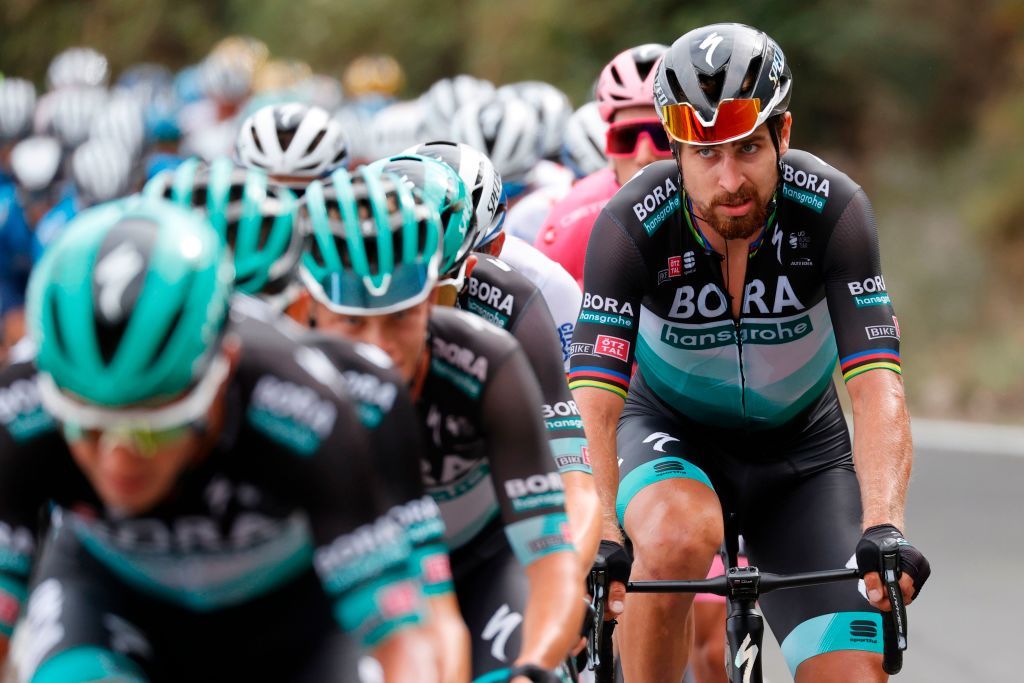 Team Bora rider Slovakias Peter Sagan R rides during the 4th stage of the Giro dItalia 2020 cycling race a 140kilometer route between Catania and Villafranca Tirrena Sicily on October 6 2020 Photo by Luca Bettini AFP Photo by LUCA BETTINIAFP via Getty Images