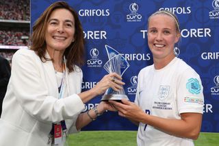 Beth Mead of England is awarded as best player of the tournament during the UEFA Women's Euro 2022 final match between England and Germany at Wembley Stadium on July 31, 2022 in London, England.
