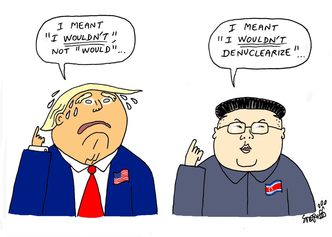 Political cartoon U.S. Trump Putin Helsinki summit Kim Jong Un denuclearization