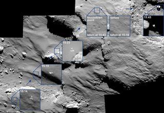 The European Space Agency's Rosetta spacecraft is studying the Comet 67P/Churyumov-Gerasimenko at close range. On Nov. 12, 2014, Rosetta's small Philae probe landed on the surface of the comet in a historic space first.
