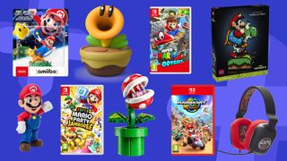 Mario gadgets, accessories, and games on a blue background