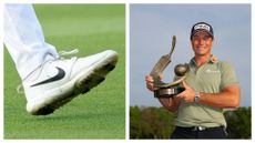 Images of golf roche golf shoes and Viktor Hovland holding the 2025 Valspar Championship trophy