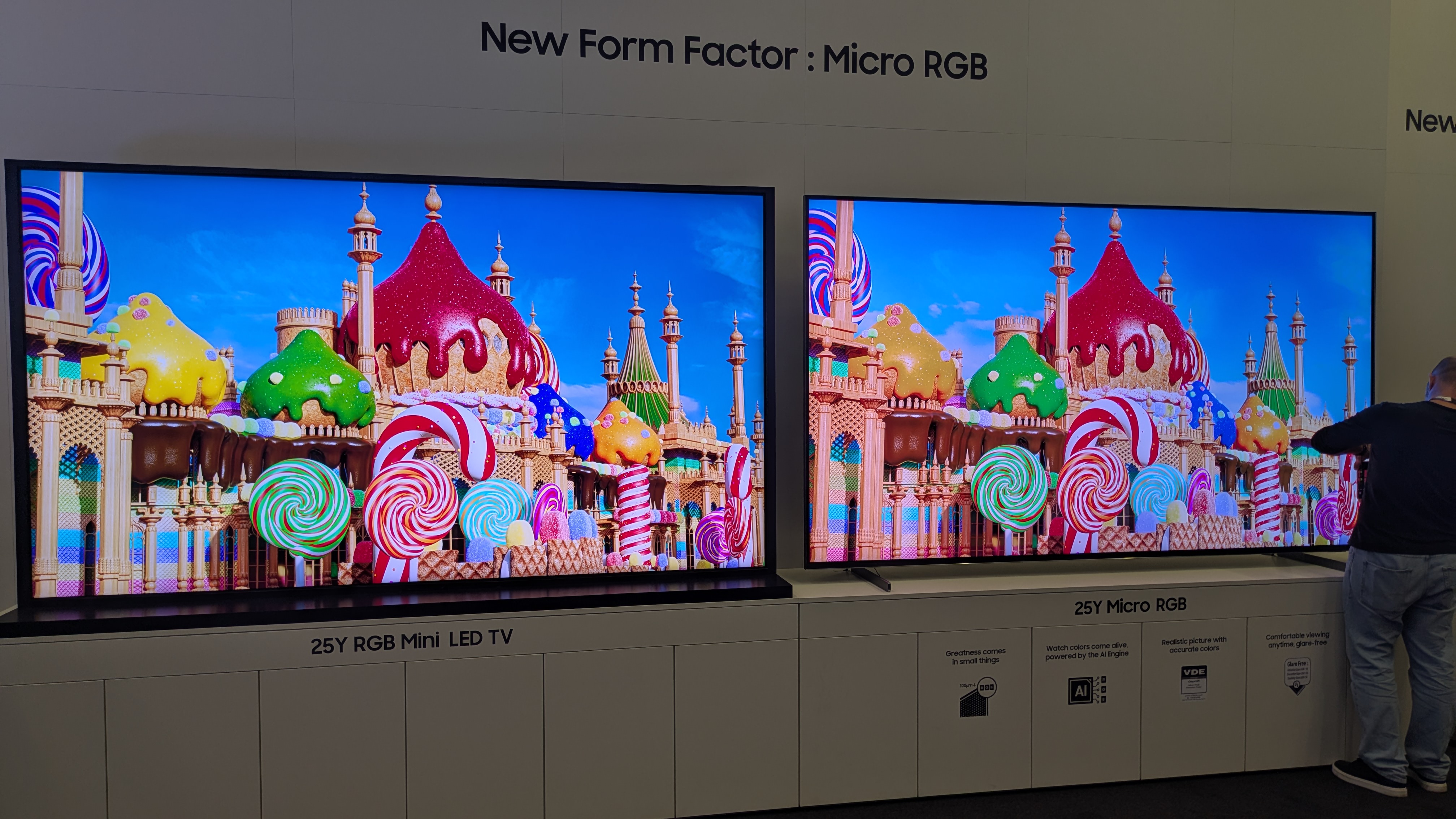 Hisense RGB mini-LED (left) and Samsung micro-RGB (right) with candy castle on screen