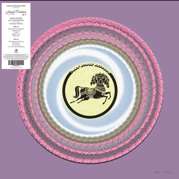 The album cover of the album Dark Horse by George Harrison. It features a pink and purple background with a black horse in the middle