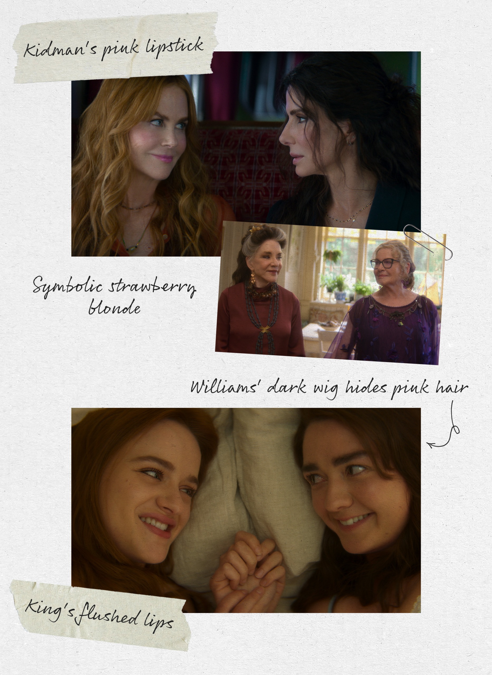 A collage of images from Practical Magic 2 (2026) starring Nicole Kidman, Sandra Bullock, Maisie Williams, Joey King, and more, with beauty notes scribbled over.