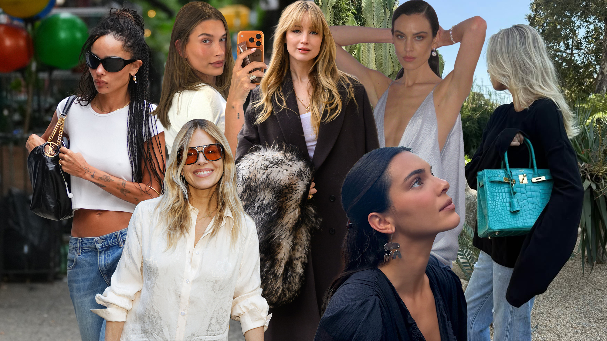 image of some of the celebrities featured in viral celebrity items 2026. The photo shows Kendall Jenner, Zoe Kravitz, Hailey Bieber, Jennifer Lawrence, Alexa Chung, Elsa Hosk and Sienna Miller in 2026