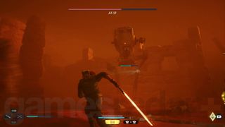 Star Wars Jedi Survivor Jedha Cal fighting AT-ST in sandstorm