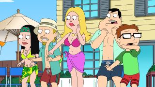 Haley, Jeff, Francine, Stan and Steve looking at dead rat in pool in American Dad Season 20 premiere