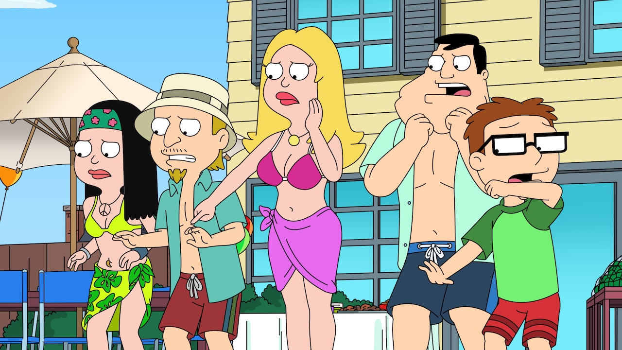 Haley, Jeff, Francine, Stan and Steve looking at dead rat in pool in American Dad Season 20 premiere