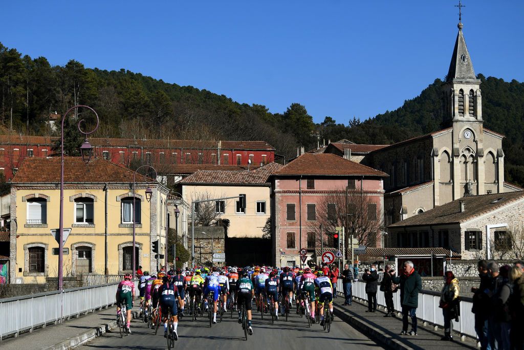 BESSGES FRANCE FEBRUARY 04 A general view of the Peloton passing through Bessges Village prior to the 52nd toile De Bessges Tour Du Gard 2022 Stage 3 a 155km stage from Bessges to Bessges EtoiledeBesseges EDB2022 on February 04 2022 in Bessges France Photo by Luc ClaessenGetty Images