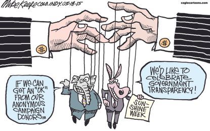 Political cartoon U.S. GOP Democrats campaign donations