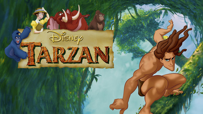 En promobild för Tarzan där huvudkaraktären surfar ned för ett träd.