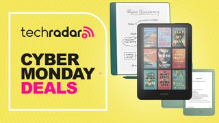 Cyber Monday Deals banner in yellow with TechRadar logo and three Kindle devices - a green Kindle Scribe with a pen beneath, a black Kindle Colorsoft with full color covers on the front, and a green Kindle in the background showing front and back with Kindle logo