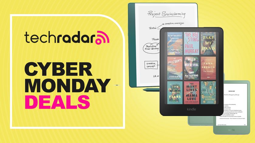 Cyber Monday Deals banner in yellow with TechRadar logo and three Kindle devices - a green Kindle Scribe with a pen beneath, a black Kindle Colorsoft with full color covers on the front, and a green Kindle in the background showing front and back with Kindle logo