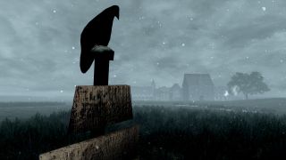 A bird perches on a sign in Skygerfall