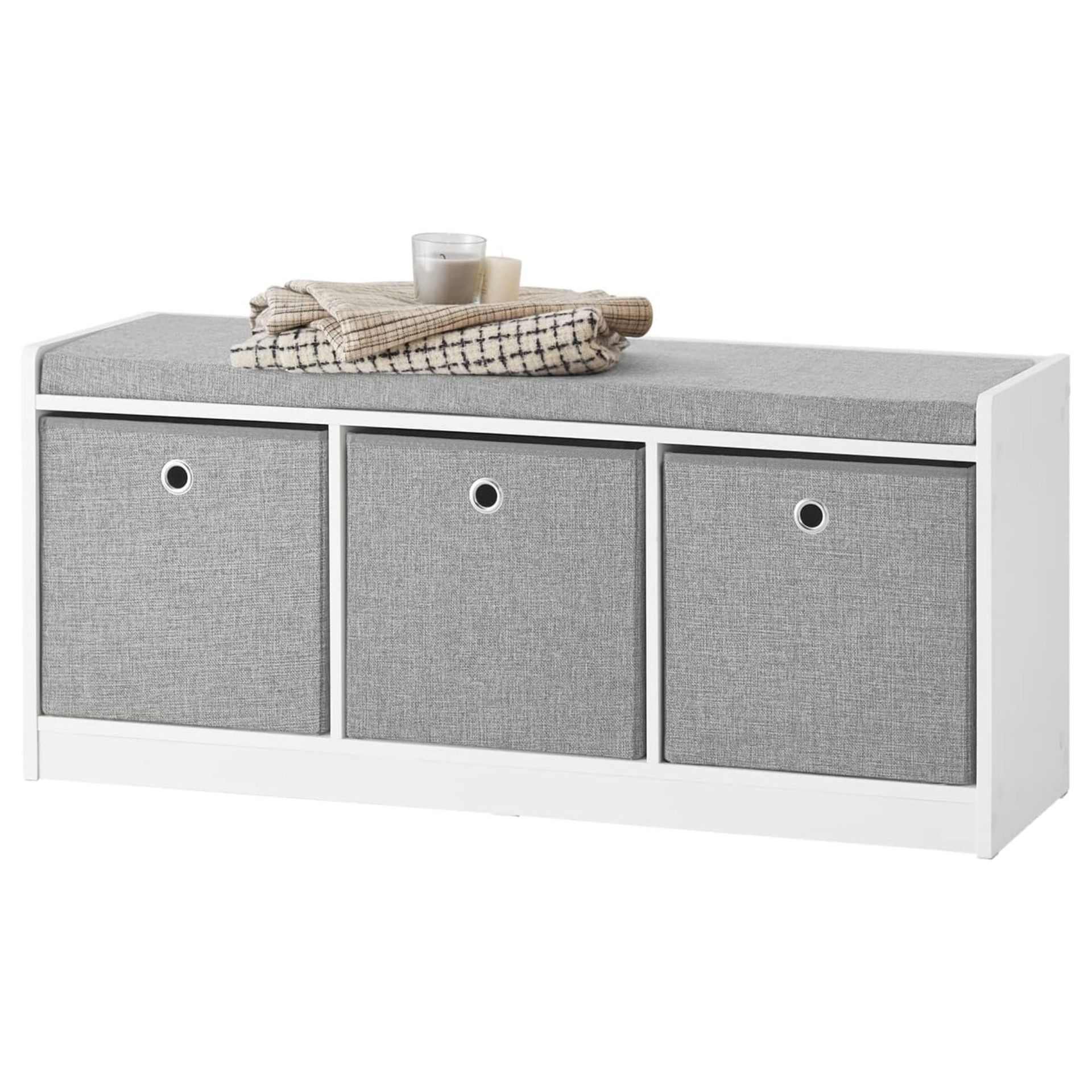 3 Baskets Hallway Bedroom Storage Bench with Seat Cushion