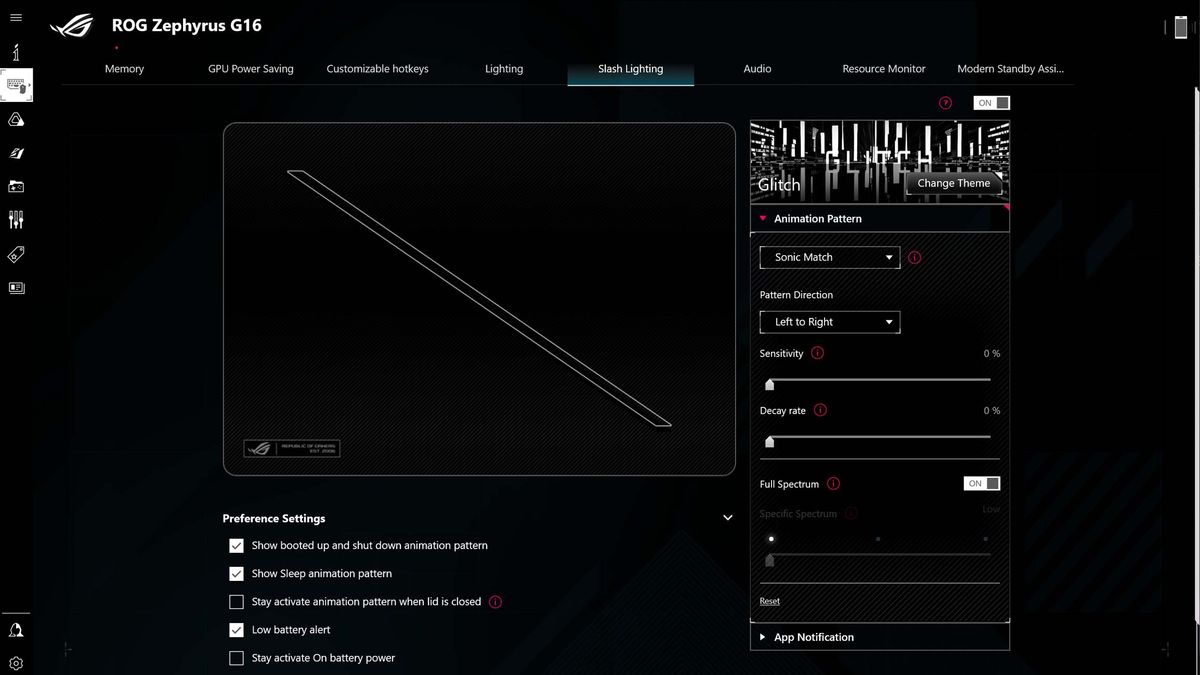 ASUS ROG Zephyrus G16 Armoury Crate Slash Lighting tab.