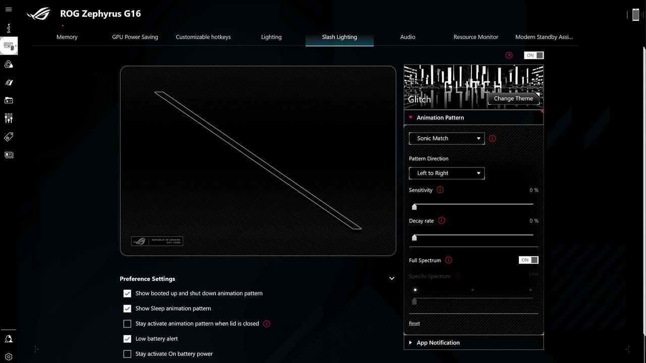 ASUS ROG Zephyrus G16 Armoury Crate Slash Lighting tab.