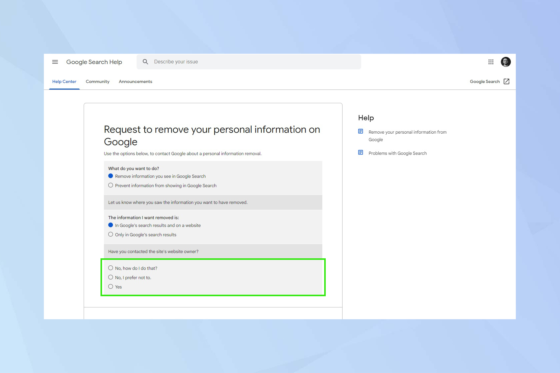 Screenshot showing the removal form from Google search - showing how to remove contact details from Google search