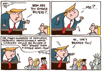 Political cartoon U.S. Trump fake news journalists ban