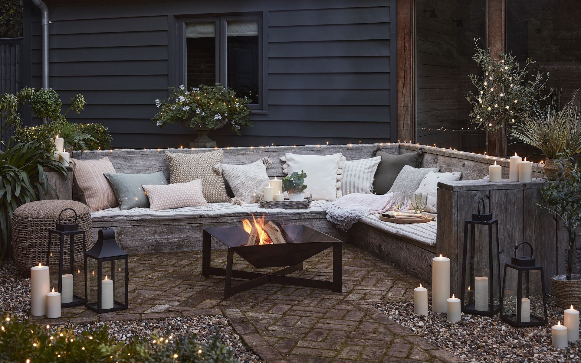 rustic wooden garden bench seating with fire pit