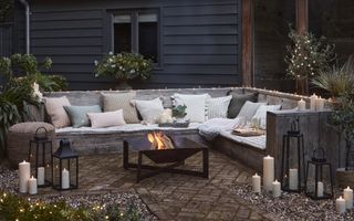 rustic wooden garden bench seating with fire pit