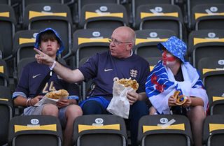 Fans of England enjoy the pre match atmosphere as they sit in the stands prior to the UEFA EURO 2024 final match between Spain and England at Olympiastadion on July 14, 2024 in Berlin, Germany