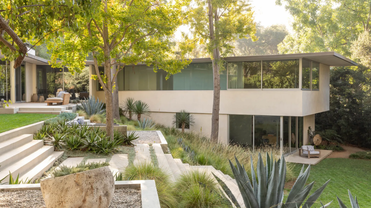 Modern yard landscape with tropical planting and defining natural materials