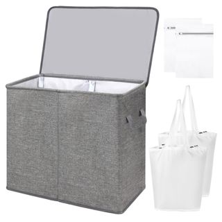 Grey laundry basket with lid and white removable bags