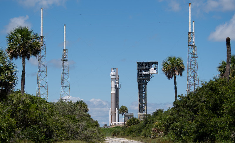 A United Launch Alliance Atlas V rocket with Boeing’s CST-100 Starliner spacecraft aboard is seen as it is rolled back to the Vertical Integration Facility from the launch pad at Space Launch Complex 41 to avoid inclement weather, Friday, July 30, 2021 at Cape Canaveral Space Force Station in Florida.