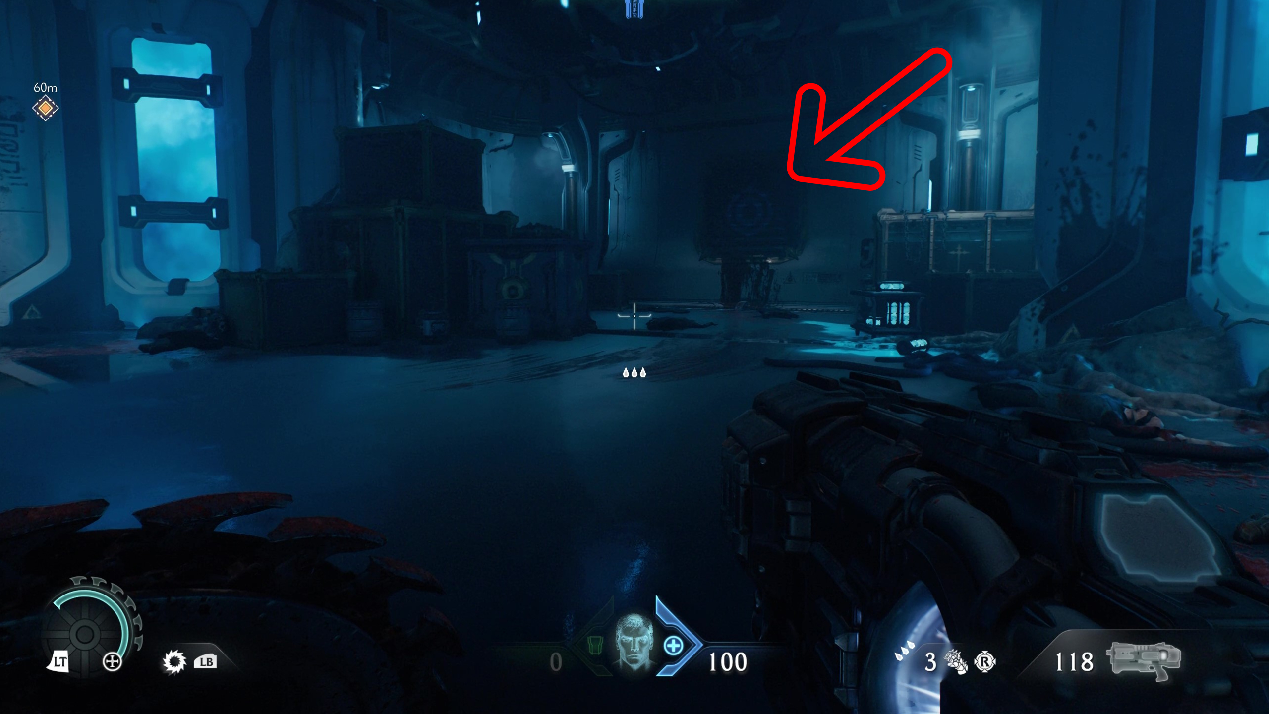 Doom: The Dark Ages Hebeth secrets - A wooden barricade hidden in the corner of a sci-fi-looking room.