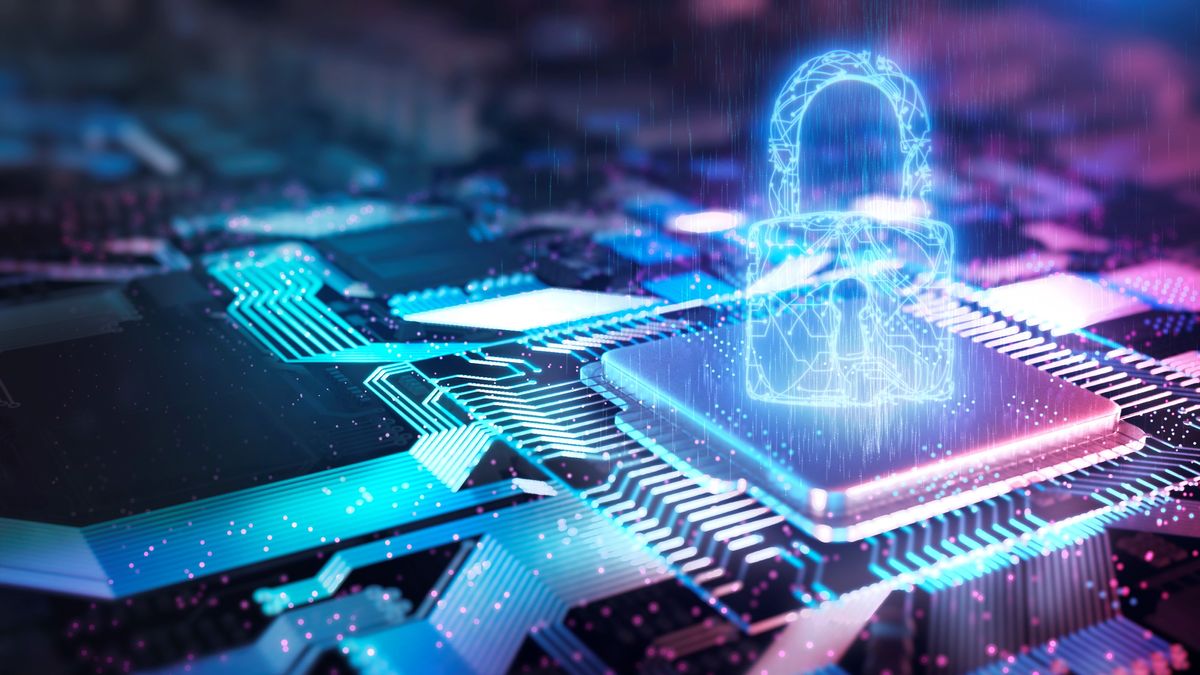 Hologram of security padlock operating on the electronic circuit CPU.