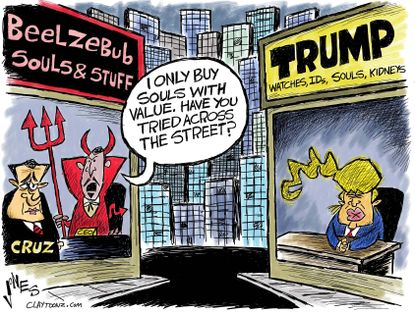 Political cartoon U.S. 2016 election Ted Cruz endorsement Donald Trump