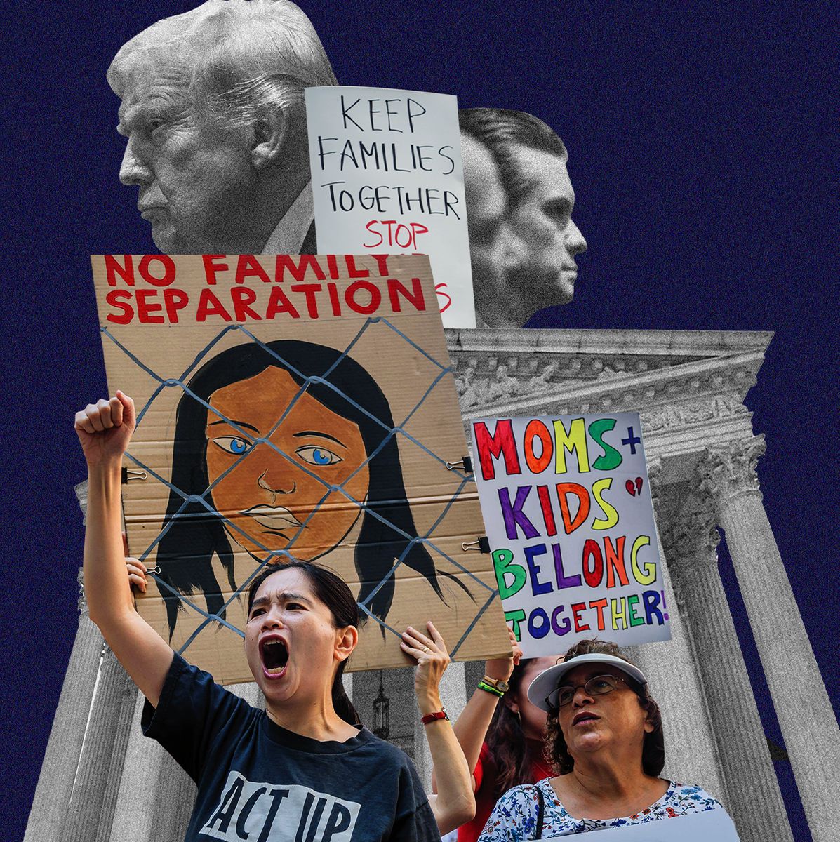 Protesters stand in front of a courthouse holding colorful signs that read “No Family Separations,” “Keep Families Together Stop,” and “Moms + Kids Belong Together.” Behind them are black-and-white cutouts of Donald Trump above the courthouse columns.