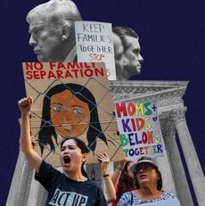 Protesters stand in front of a courthouse holding colorful signs that read “No Family Separations,” “Keep Families Together Stop,” and “Moms + Kids Belong Together.” Behind them are black-and-white cutouts of Donald Trump above the courthouse columns.