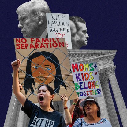 Protesters stand in front of a courthouse holding colorful signs that read “No Family Separations,” “Keep Families Together Stop,” and “Moms + Kids Belong Together.” Behind them are black-and-white cutouts of Donald Trump above the courthouse columns.