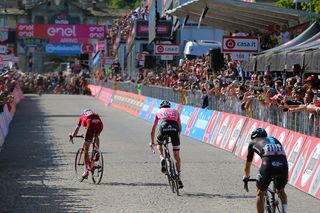 Ilnur Zakarin makes a final push for the line before being passed by Tom Dumoulin on stage 14 of the Giro d'Italia.