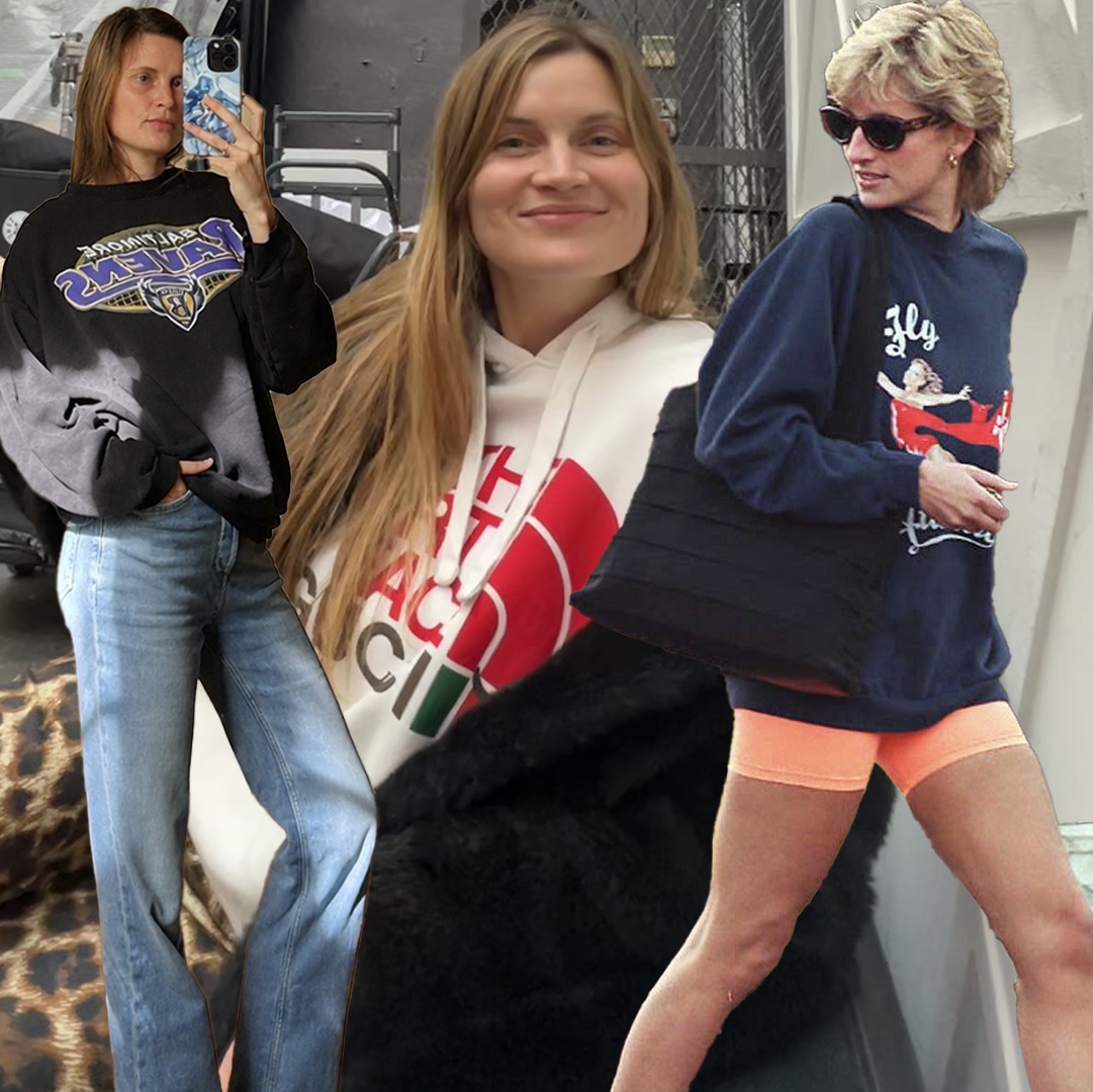 fashion collage of Eugenie Trochu and Princess Diana wearing logo sweatshirts