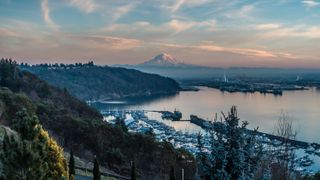 Port of Tacoma at sunset with Mount Rainer in the background