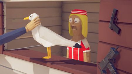 Blond-haired person has shocked expression looking at duck being restrained by an off-screen person