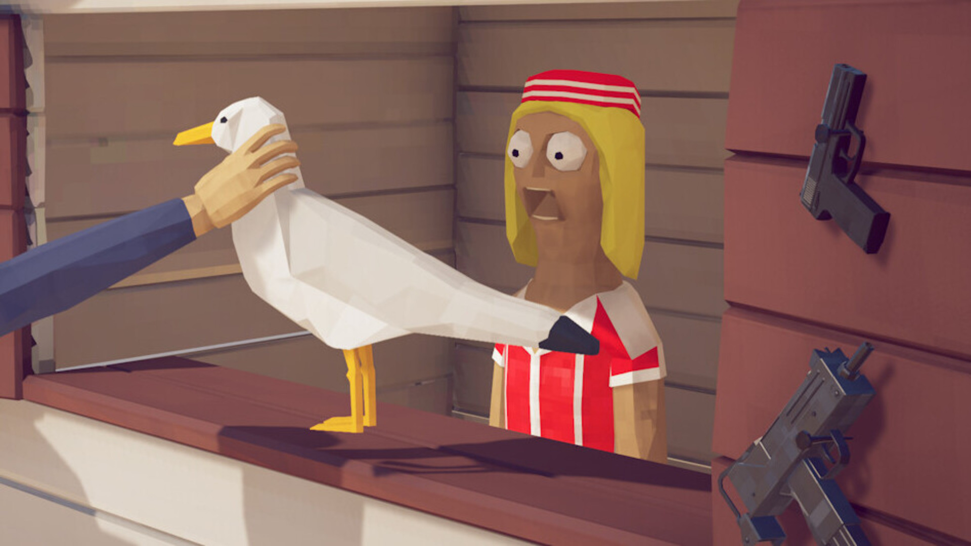 Blond-haired person has shocked expression looking at duck being restrained by an off-screen person