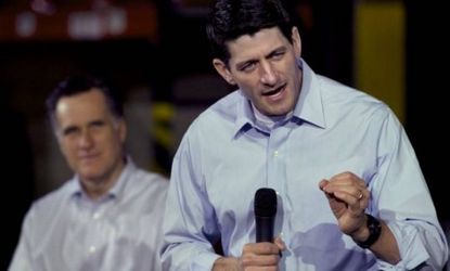 Paul Ryan, (R-Wis.) addresses an audience at an oil company in Milwaukee as Mitt Romney looks on: Romney may be interested in Ryan as one of his top three choices for a VP nominee, but Ryan's